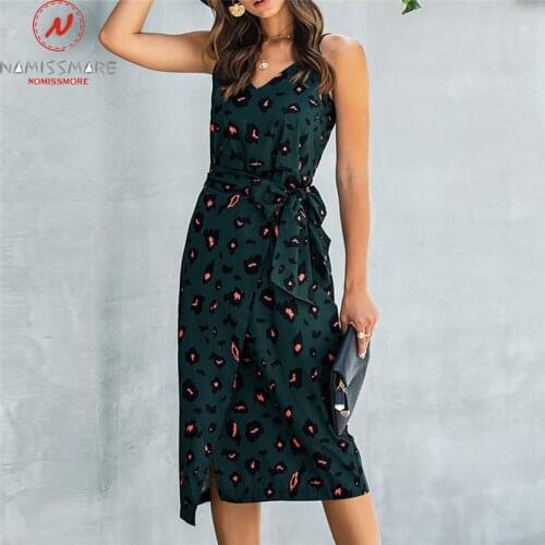 Elegant Women Summer Pencil Dress High Split Design Belt Decor V-Neck Sleeveless High Waist Print Slim Dress for Streetwear