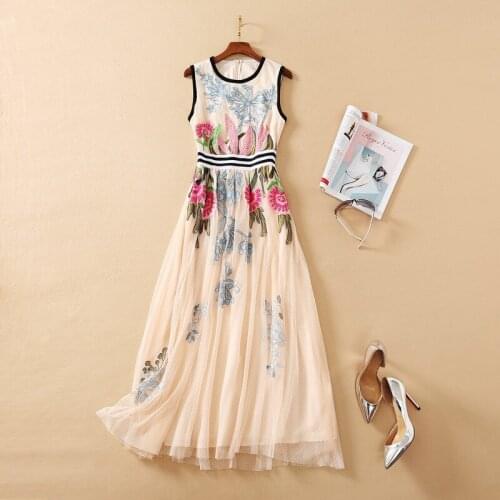 And American womens European clothing New spring 2021 Sleeveless flower embroidery Fashionable gauze dress