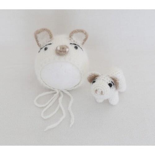 Angora Animal Toy Bonnet Outfit Newborn Knit Stuffed Toy Set Baby Photography Props Fuzzy Soft Bonnet