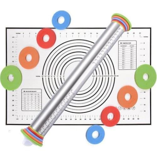 Noodles Pizza Baking Tools 17inch Adjustable Stainless Steel Rolling Pin With Dough Mat Dough Roller with 4 Removable Adjustable