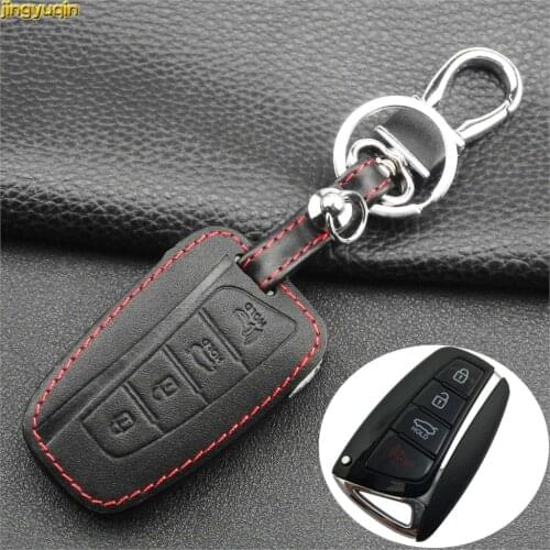 Jingyuqin 4 Buttons Leather Car Key Case for 2013 2014 2015 HYUNDAI SANTA FE IX45 GENESIS EQUUS AZERA keyless Car Accessories