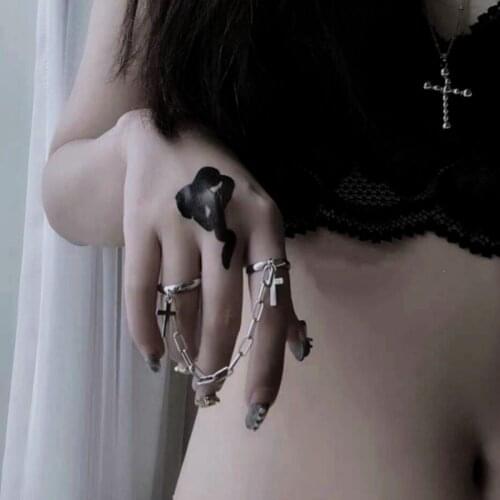 Retro Punk Hip Hop Cross Chain Link Ring Finger Chain Adjustable Rings Jewelry Unisex Gift Mens Womens Gothic Jewelry