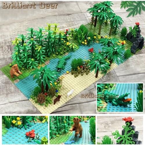Creative DIY Rainforest Building Blocks with Animals Grass Style Base Plate City MOC Plants Accessories Bricks Kids Puzzle Toys
