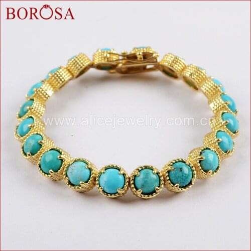 BOROSA 1/2PCS Gold Color Round Twenty-Stone Natural Turquoises Bracelet Natural Blue Stone Bangle Jewelry ZG0338