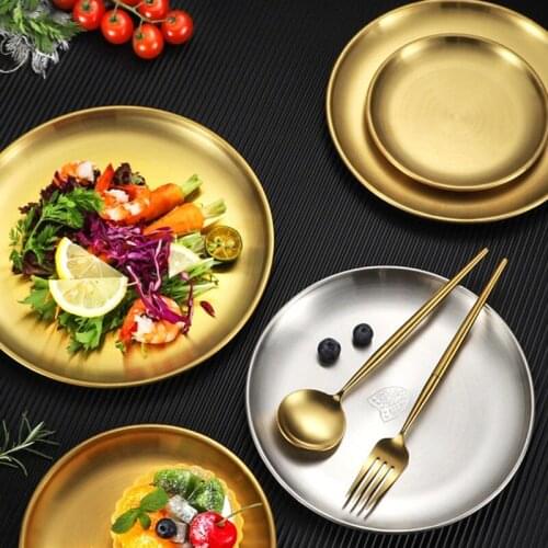 Kitchen Fruit Snack Dessert Plate Stainless Steel Storage Tray Dish Plate Tea Tray Gold Round Cosmetics Jewelry Organizer