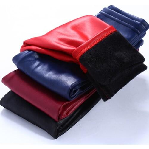 Winter Girls Leather Pants Thick Velvet PU Leather Childrens Leggings Kids Pencil Pants Infant Warm Trousers Slim Pant Casual