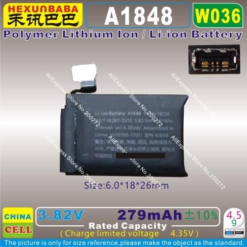 [W036] 3.82V 279mAh / 1.07Wh [A1848] Li-ion polymer battery for APPLE - I - WATCH 3 (38) SMART WATCH 1ICP6/18/26