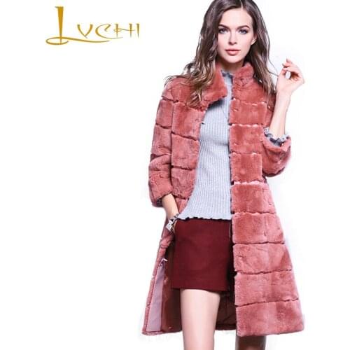 LVCHI Winter2017 Real Natural Rex Rabbit Fur Coat Womens Mandarin Collar Nine Quarter Medium Causal Office Lady Slim Warm Coats