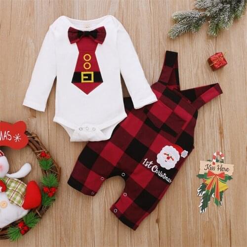 My First Christmas Outfits Baby Cartoon Christmas Print Jumpsuit and Plaid Suspender Pants 2 Piece Set for Baby Boys Girls 0-12M