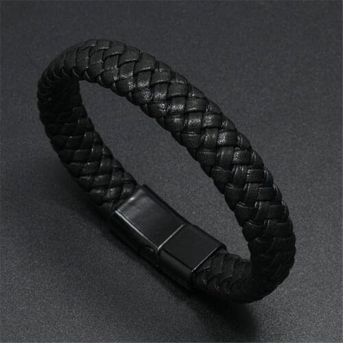 Modyle New Charm Men Jewelry Classic Black Braided Leather Bracelet for Men Punk Vintage Magnetic Clasp Bangles Gifts