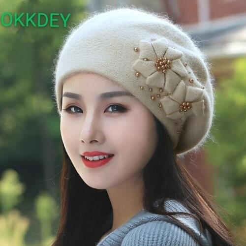 Okkdey Autumn and winter new Korean fashion versatile Plush warm rabbit wool hat girl sweet lovely pearl Beret Hat