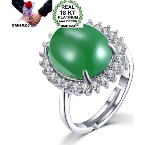 OMHXZJ Wholesale European Fashion Woman Man Party Wedding Gift Oval Green White Chalcedony AAA Zircon 18KT White Gold Ring RR699