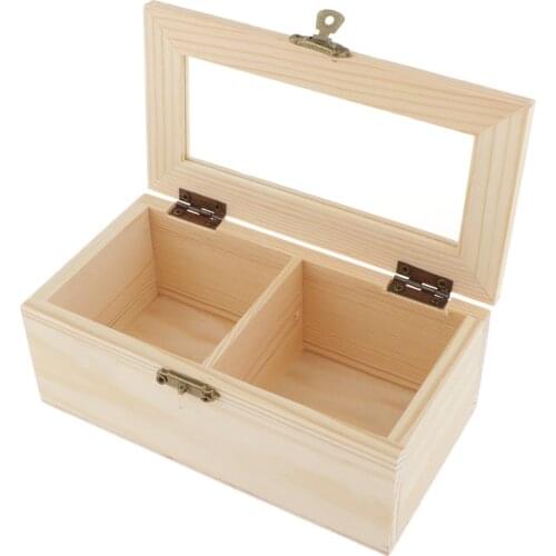 Plain Wooden Jewelry Box Tea Box Organizer Case Storage Box W/ Lock 2 Slots