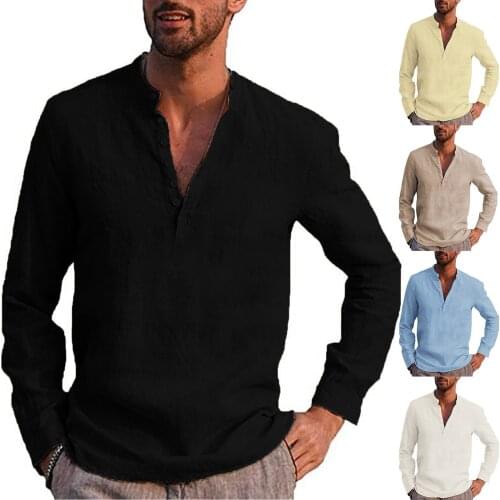 Plus Size Mens Shirts Casual Stand Collar Solid Long Sleeve Shirt Retro Linen Cotton Pocket Shirt Tops Men Pullover Shirts Tops