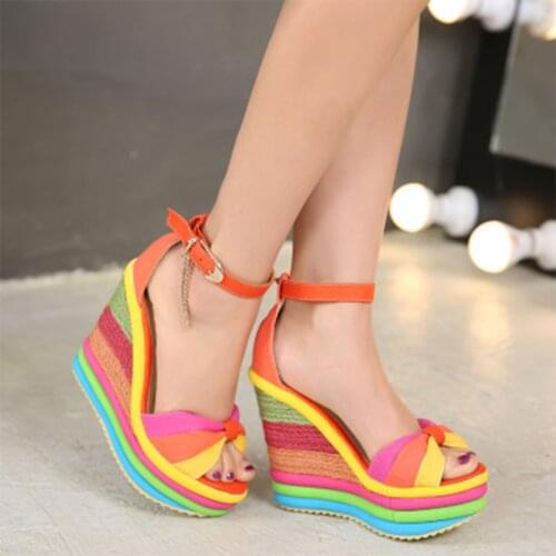 Summer Sandals Women Womens Ladies Wedges High Multicolor Patchwork Sandals Peep Toe Roman Shoes Sandals High Heels