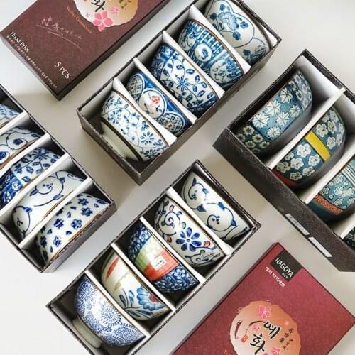 Blue and white rice soup noodle bowl Japanese style ceramic household tableware set Japanese cuisine 5pcs