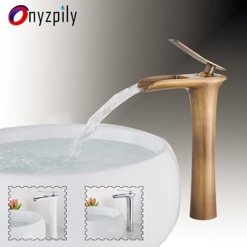 Onyzpily Basin Faucet Brass White Chrome Bathroom Sink Faucet High Style Waterfall Spout Deck Mount Single Hole Single Handle
