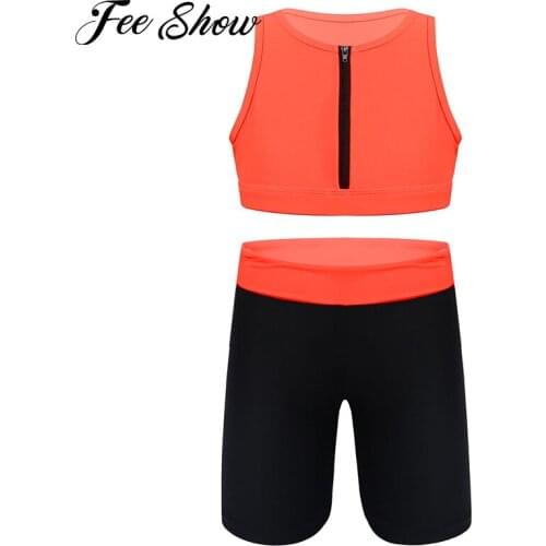Kids Girls Nylon Color Block Dance Sport Suit Sleeveless Front Zipper Tank Crop Top Sports Shorts for Gym Yoga Running Tracksuit