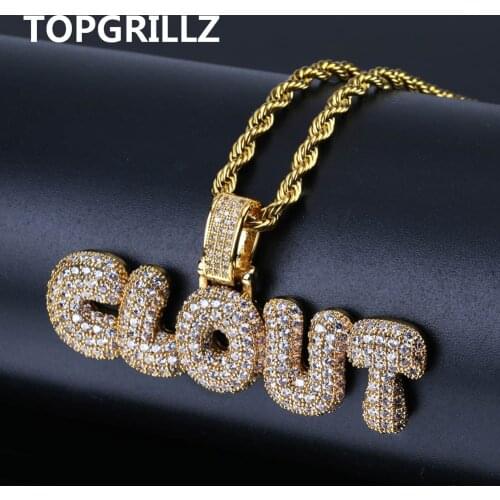 TOPGRILLZ Hip Hop Brass Gold Silver Color Iced Out Micro Pave CZ CLOUT Bubble Ietter Pendant Necklace Charm For Men Women Gifts
