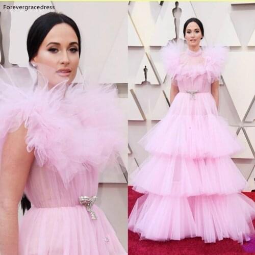 Pink Colour High Neck Tieres Tulle Celebrity Gown Evening Dress