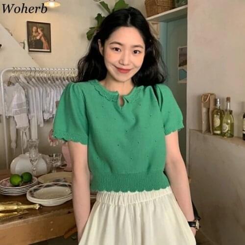 Woherb Vintage Short Sleeve Knitted Sweater Thin V-neck Summer Cute Sweet Top Hollow Out Korean Chic Streetwear All Match Knit
