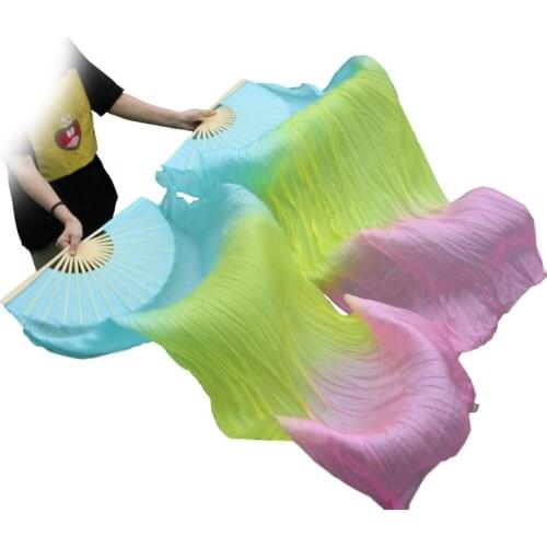 Female high quality Chinese silk veils dance fans Pair of belly dancing fans cheap hot sale Peacock turquoise+yellow+Cherry pink