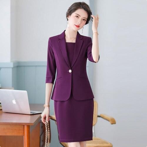Fashion Elegant Purple Spring Summer Formal Women Business Suits with Dress and Blazer Coat for Office Ladies Work Wear Blazers