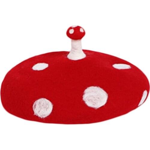 Women Kids Novelty Cute Small Mushroom Red Beret Cap Handmade Faux Felt Wool White Point Vintage Painter Beanie Hat