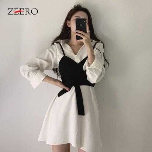 Woman Shirt Dress for Women 2021 Autumn Korean Fashion Clothing Set Chic Elegant Long Sleeve Loose White Bandage Dresses Sets