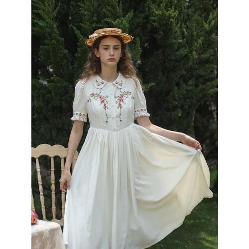 French Ladys Vintage Peter Pan Collar Cottage Style Embroidered Pleated Dress Summer Puff Sleeve Mori Girl Midi Dress for Women