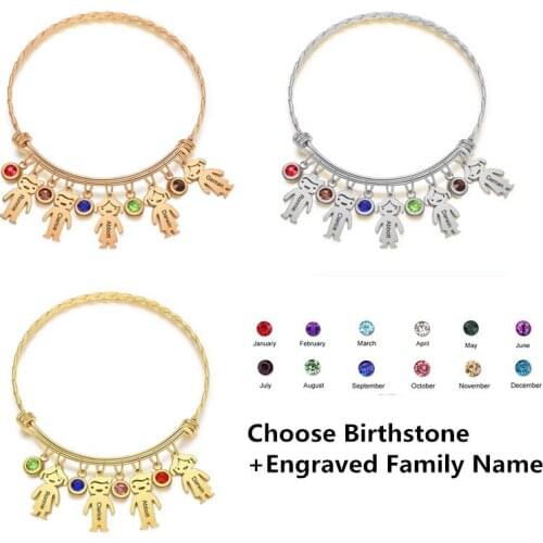 1-5 Family Presents Engraved Name Bracelet Personalized Bangles 304 Stainless Steel Birthstone Bracelet Boy Girl Christmas Gift