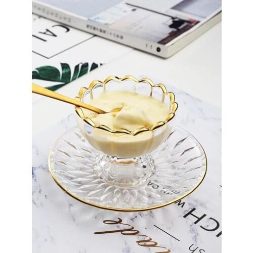 4 Dessert Cups, 7 Ounce Ice Cream Bowl or Sundae Cup with gold edge,And 4 Taster Spoons,Clear Glass Fruit Bowls Set of 4