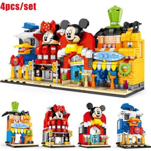 4 pieces/set of new cartoon classic movie Mickey Minnie cartoon street view store building block model childrens toy gift