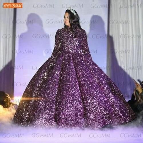 Sparkly Purple Prom Dresses Long Sleeves Lace Up High Neck Ball Gown Women Reflective Dress Gala Custom Made 2020 Robe De Soiree