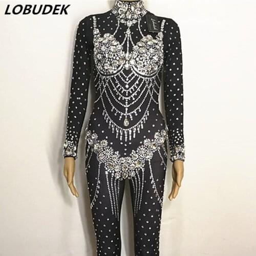 Sparkly Glass Rhinestones Black Skinny Jumpsuit Sexy Female Birthday Celebration Outfit Nightclub Singer Dancer Stage Costumes
