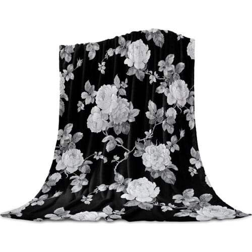 Black And White Roses Watercolor Flowers Throw Blanket for Sofa Christmas Decor Bedspread Portable Microfiber Flannel Blanket