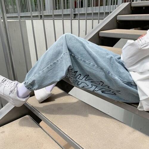 Drawstring Jeans Loose Casual Printing Letters All-match Nine-point Pants Streetwear Trend Hip-hop Denim Trousers Men Summer