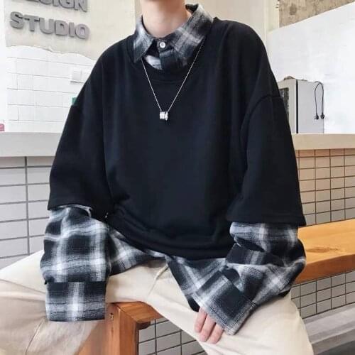 T-Shirt Mens Autumn Hip Hop Striped Splicing Spring Tops Tee Fake Two Pieces Long Sleeve T Shirt Males Casual Japan Tshirt