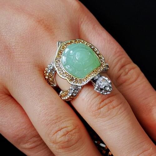 Classic Fashion Cute Turtle Rings Crawl Animal Green Turtle Shell Rhinestone Rings For Women Girl Glamour Jewelry