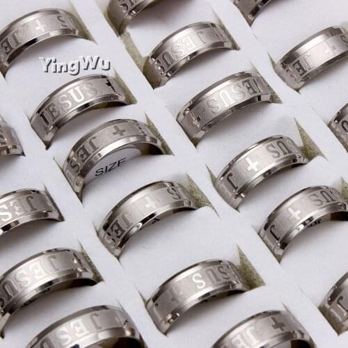 Yingwu Christmas Gift Jewelry Stainless Steel Jesus Cross Rings Engrave Letter Church Prayer Rings for Men Women Belief 5ps