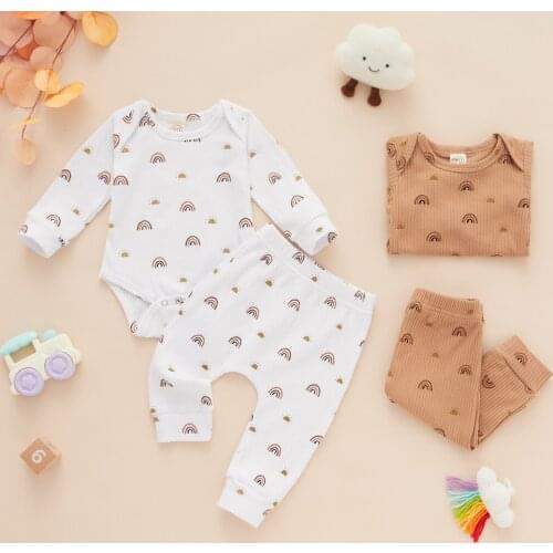 FOCUSNORM 0-12M Infant Baby Girls Boys Clothes Sets Outfits Rainbow & Sun Print Long Sleeve Romper Tops Pants