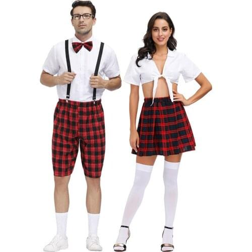 Halloween Costume For Men Women Summer Scottish Red Plaid Couple School Uniform Cosplay Costumes C53M203