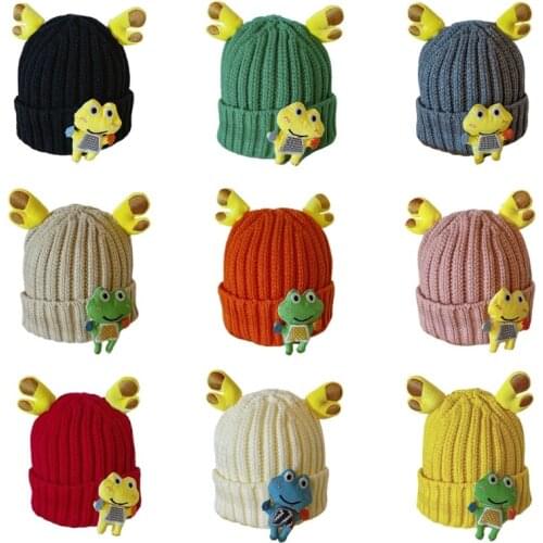 Sweet Cute Children Cartoon Frog Knitted Hat Antlers Beanie Hat Travel All-match Hat Autumn and Winter for Baby Boy Girl