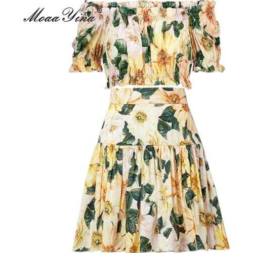MoaaYina Fashion Set Summer Womens Yellow Camellia Floral-Print Off shoulder Puff Sleeve Tops+Cotton Skirt Two-piece set