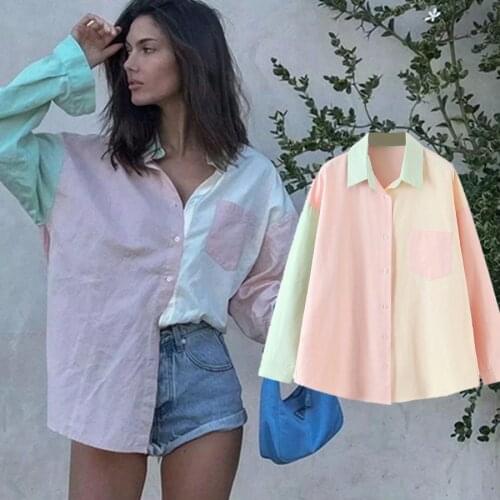 Dave&Di Blusas Mujer De Moda 2021 Shirt Ins Fashion Blogger Vintage Color Contrast Oversize Loose Pocket Boyfriend Blouse Women