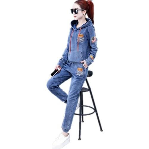 Fashion Women Jeans clothing 2 piece set Casual Tracksuit printing Womens office clothing set Autumn Hooded Sporting suit 1581
