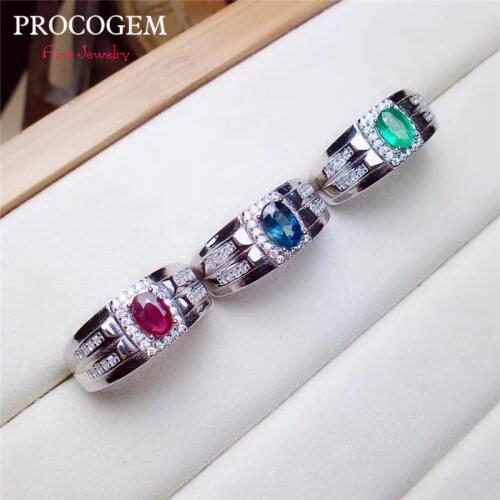 PROCOGEM Natural Emerald Blue Topaz Ruby Ring for Men Anninversary Party 4x6mm Genuine gemstone Fine jewelry S925 Silver #511