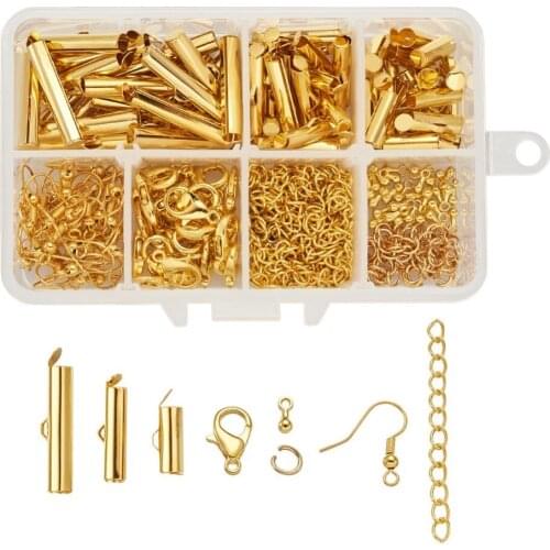 1 Box Jewelry Finding Kit with Brass Slide On End Clasp Tubes, Iron Ends with Twist Extender Chains,Jump Rings Accessories