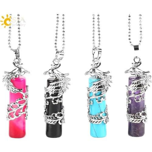 CSJA Phoenix Bird Column Necklace Pendant Pendulum Natural Clear Crystal Green Aventurine Pink Quartz Unakite Chakra Bijoux E587