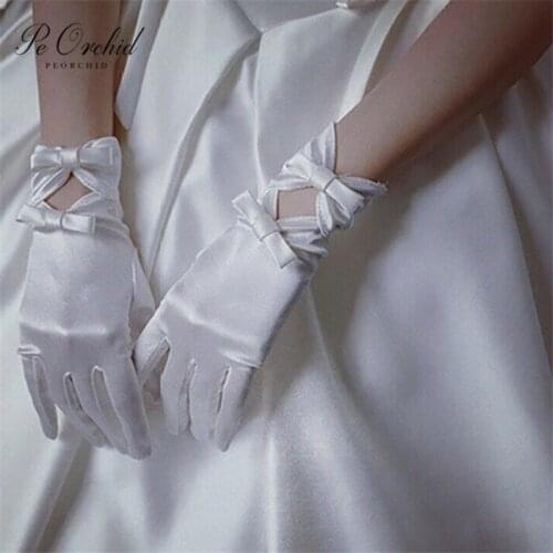 PEORCHID 2021 Gant Blanc Satin Bridal Short Gloves Women Evening Party Fuantes Vintage Wedding Assessoires Brides Gloves